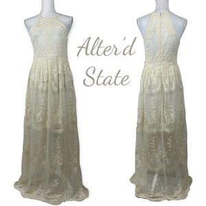 Altar’d State Sheer Cream Embroidered Lace Boho Hippie Maxi Dress NWOT